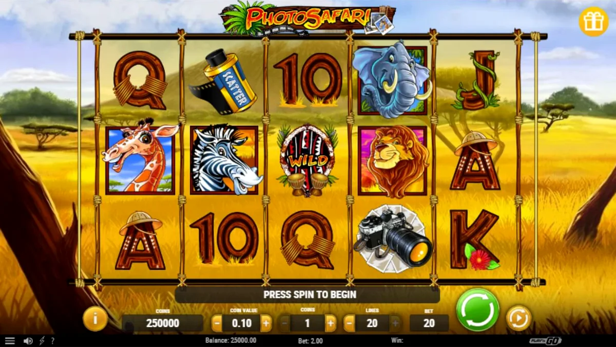 Interface do jogo de slot Photo Safari com animais da savana