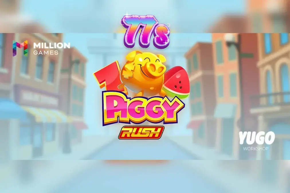 Interface colorida e vibrante do slot Piggy Rush com símbolos de frutas e porquinhos